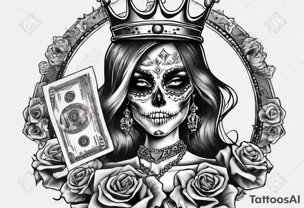 santa la muerta with money and crown
on the card tattoo idea