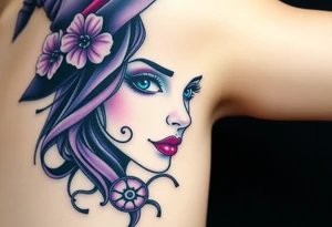 A witches portrait with purple and teal accents and halloween ornaments tattoo idea