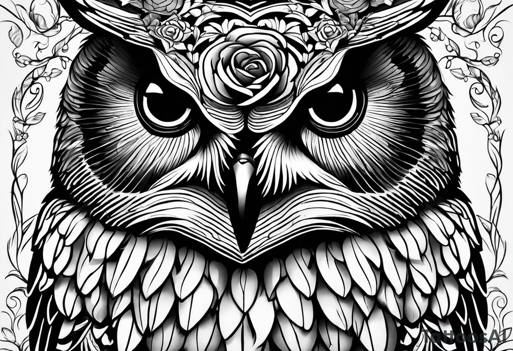 Barred owl with a single rose tattoo idea