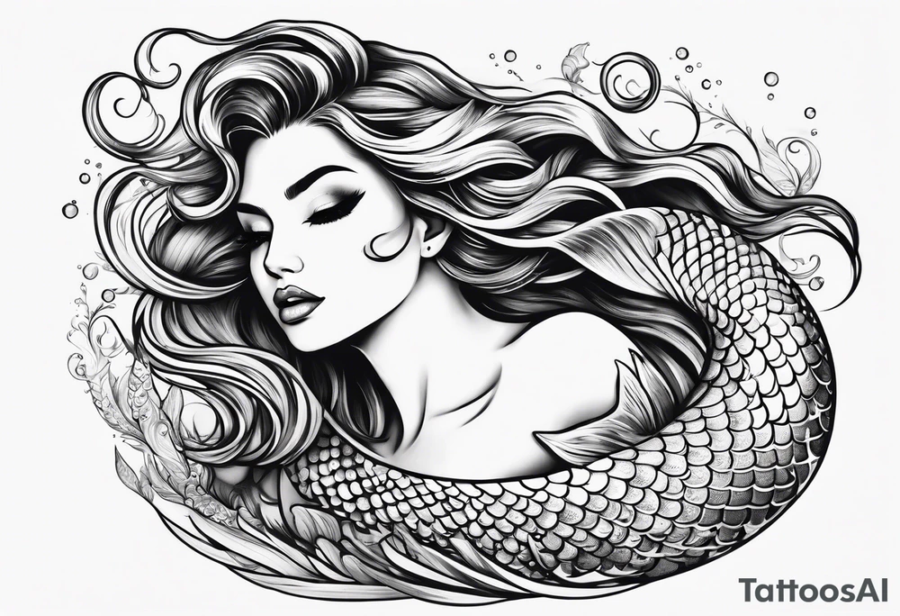 sexy full bodied mermaid with flowing tail and hair, tattoo sleeve tattoo idea