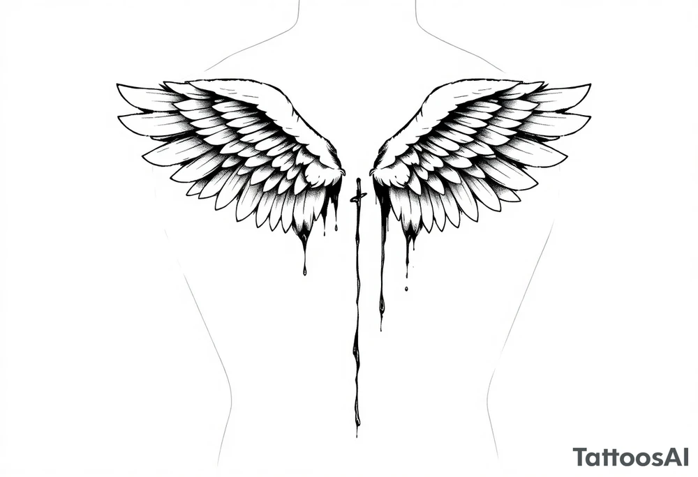 Angel wings folded and tucked against the back spanning from shoulder to butt dripping in blood tattoo idea