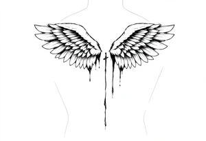 Angel wings folded and tucked against the back spanning from shoulder to butt dripping in blood tattoo idea