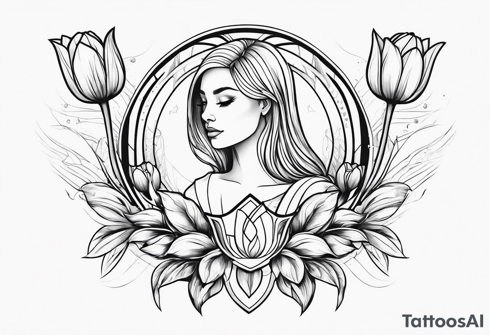 Portrait orientation Futuristic design for Virgo zodiac sign and tulips tattoo idea
