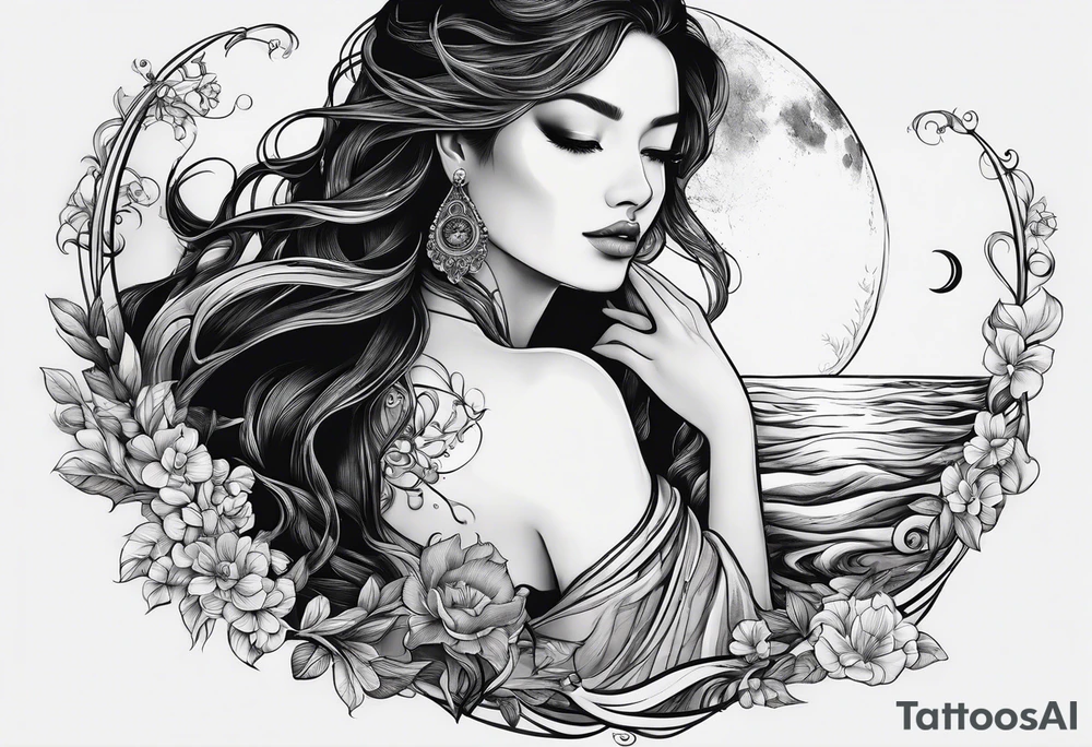 Diligent of two people on water with moon tattoo idea