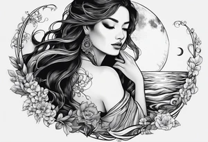 Diligent of two people on water with moon tattoo idea