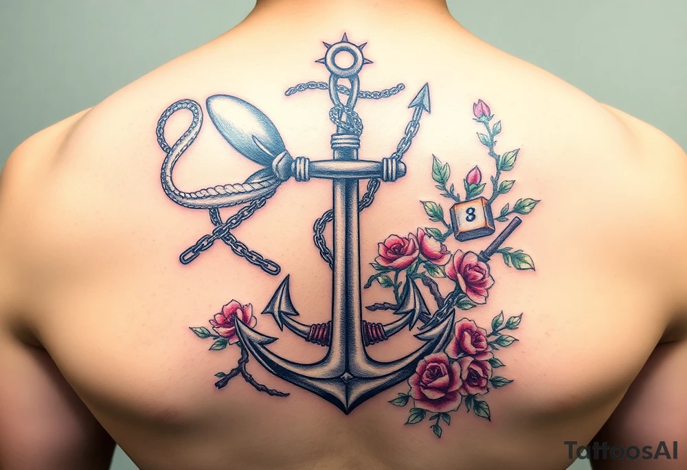 Squid and knight and anchor combined with chains, tree roots, cherry blossoms and roses rolling dice tattoo idea