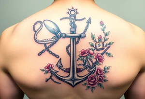 Squid and knight and anchor combined with chains, tree roots, cherry blossoms and roses rolling dice tattoo idea