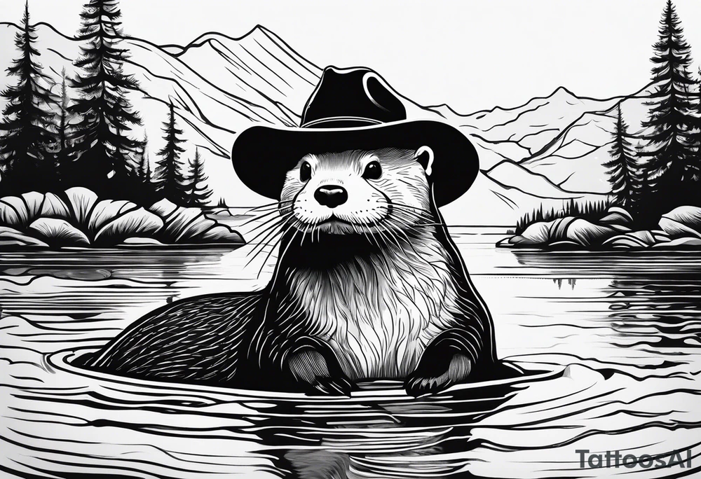 an otter floating on its back in a lake with a cowboy hat tattoo idea