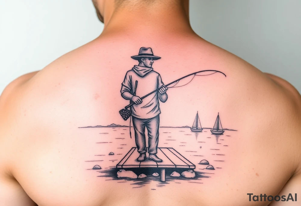 Fisherman on a pier surrounded by nature, colorful tattoo idea