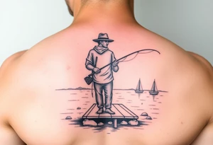 Fisherman on a pier surrounded by nature, colorful tattoo idea