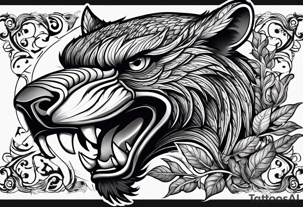 Eagle, Tasmanian devil, black swirl filler, snake, leaves leg sleeve tattoo idea