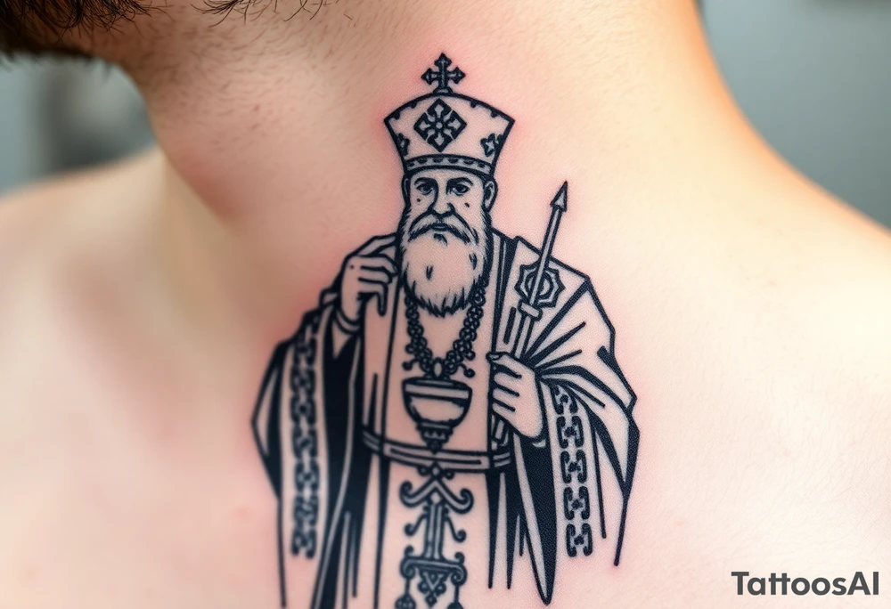 Russian orthodox priest in a detailed vestment swinging censer chains tattoo idea