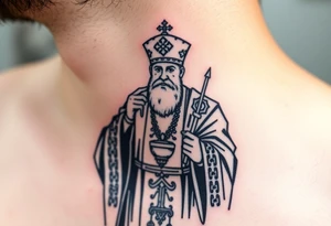 Russian orthodox priest in a detailed vestment swinging censer chains tattoo idea