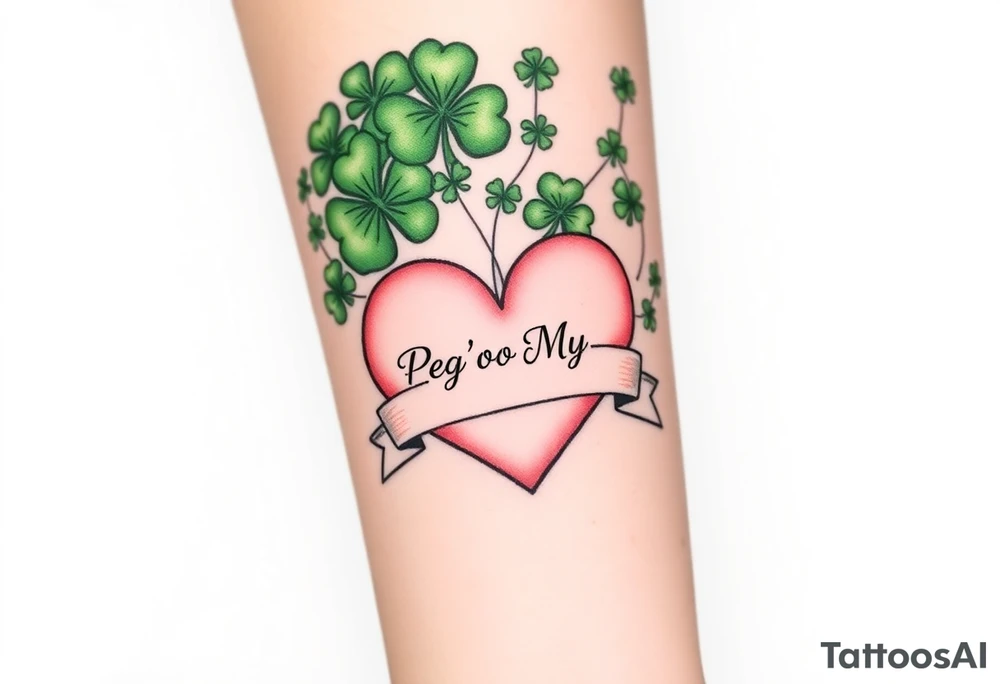 A ton of green shamrocks with a big pale pink heart with a banner across the heart that says Peg 'o My Heart tattoo idea