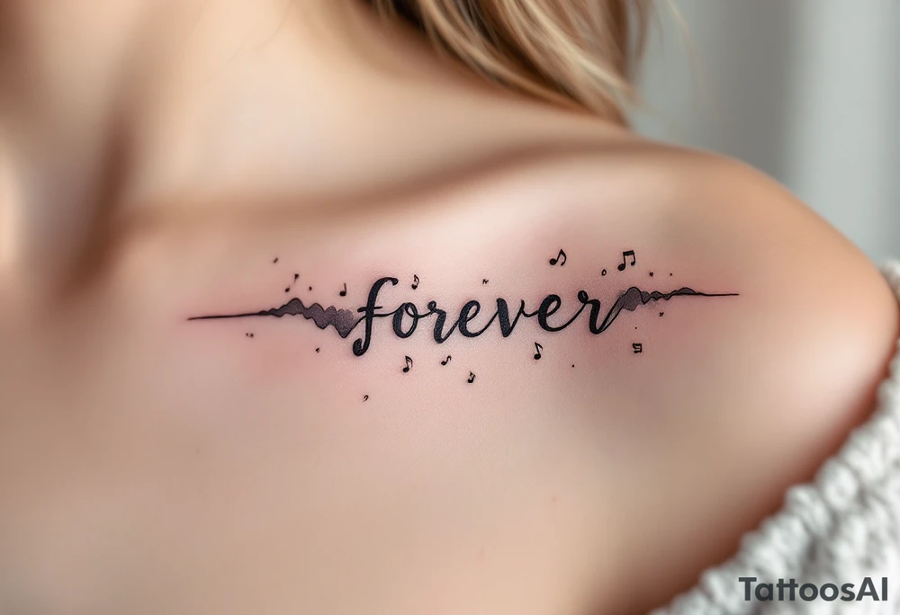 "Forever" styled like a music waveform, in grayscale with faint notes surrounding it. tattoo idea