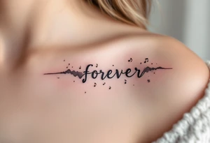 "Forever" styled like a music waveform, in grayscale with faint notes surrounding it. tattoo idea