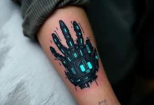 A futuristic robotic glove illusion in matte black and cobalt blue, with neon green circuit tracings. tattoo idea