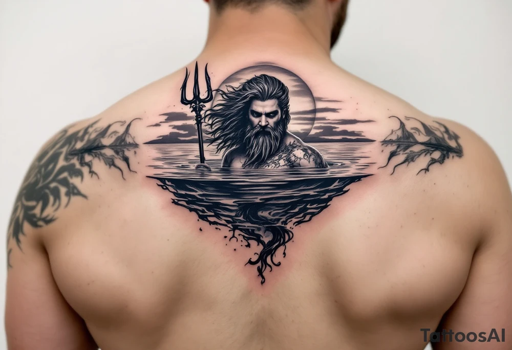 Poseidon half way under calm water with trident at sunset tattoo idea