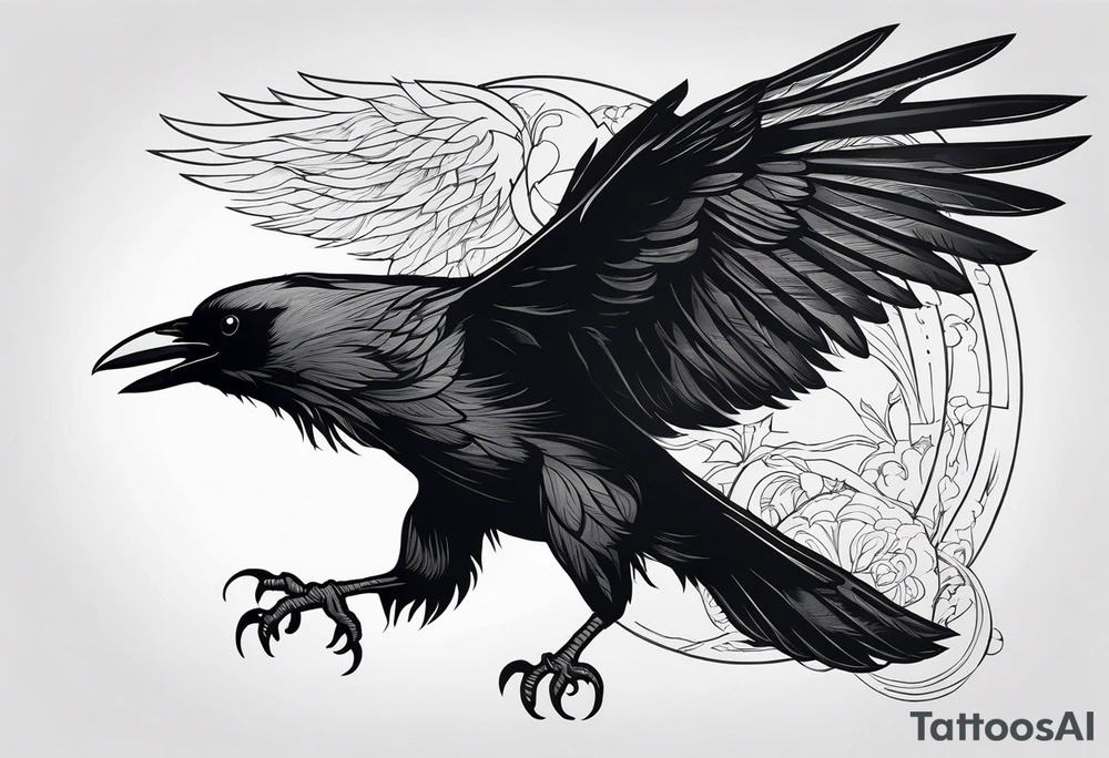 a scary black raven landing on the back of a wolf tattoo idea