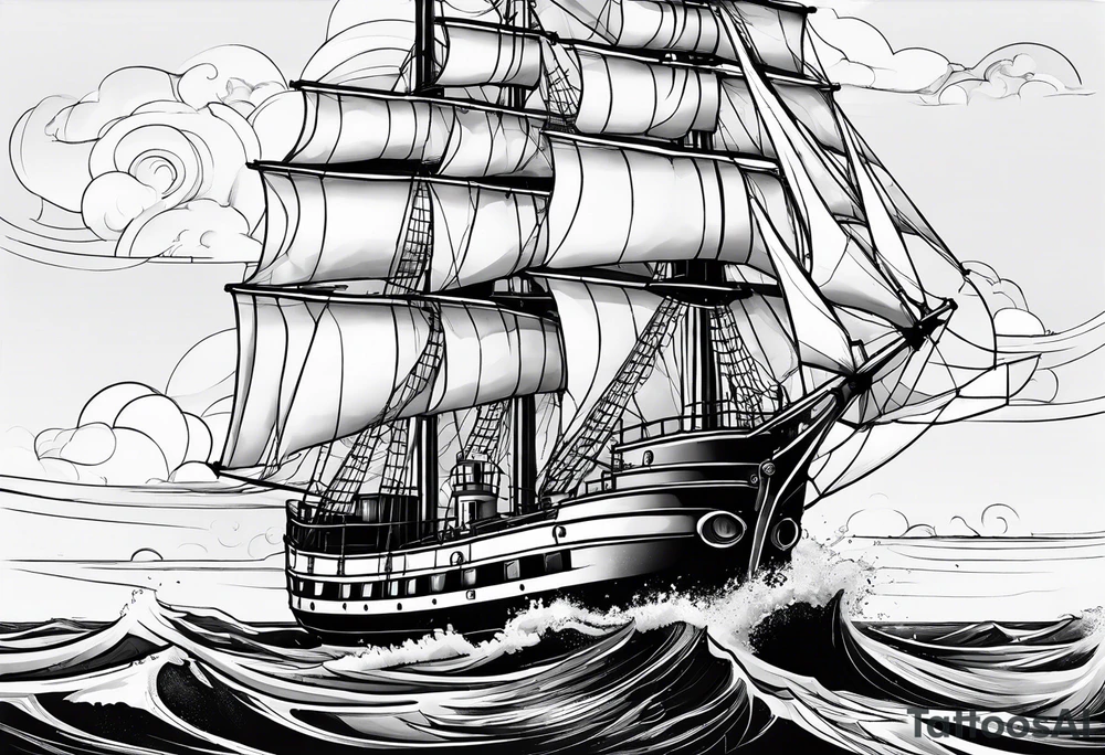 maritime lighthouse partially hidden by its  large fixed sails. tattoo idea
