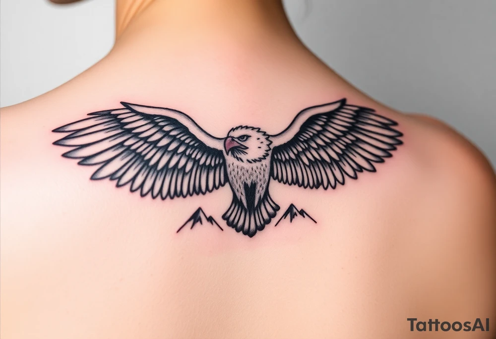 majestic eagle spreading wings against mountain peaks tattoo idea