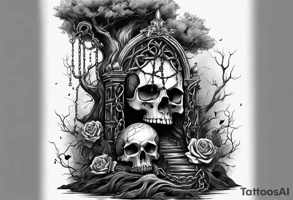 tattoo fool sleeve, dark gothic castle, tree roots break out of the chains, broken mask, roses tattoo idea
