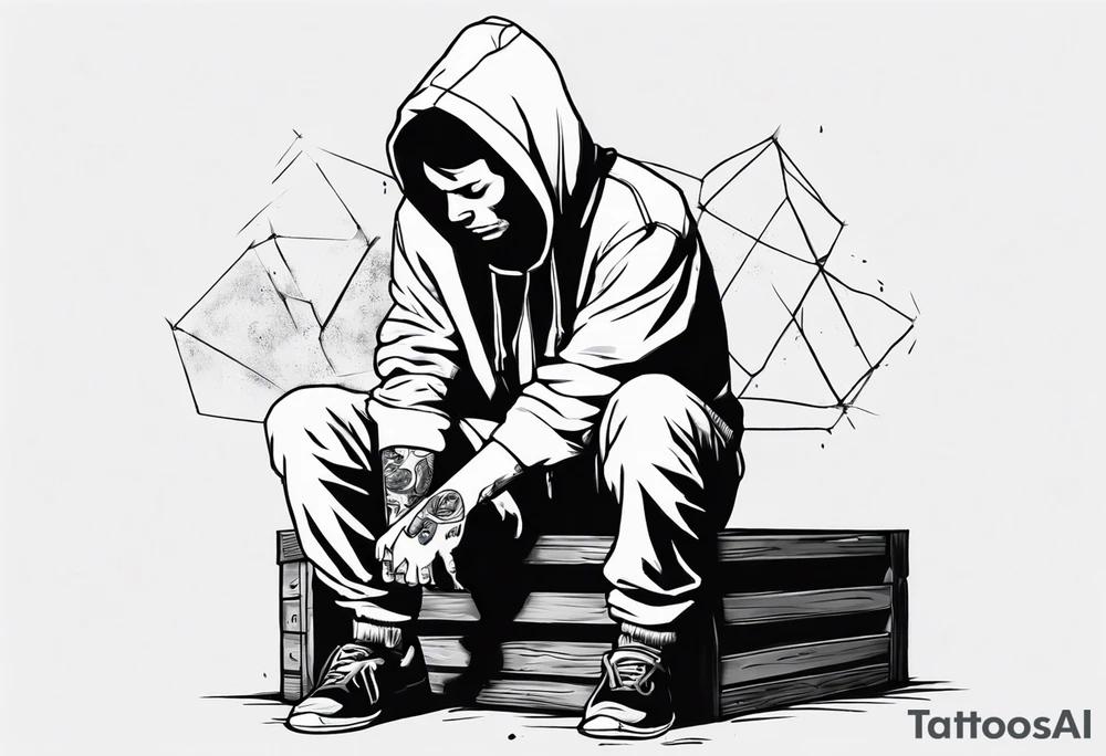 a guy in a hoodie sitting on a wooden box, looking down. Make it feel contemplative and realistic, as if you're viewing it from 10 meters away. tattoo idea