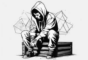 a guy in a hoodie sitting on a wooden box, looking down. Make it feel contemplative and realistic, as if you're viewing it from 10 meters away. tattoo idea