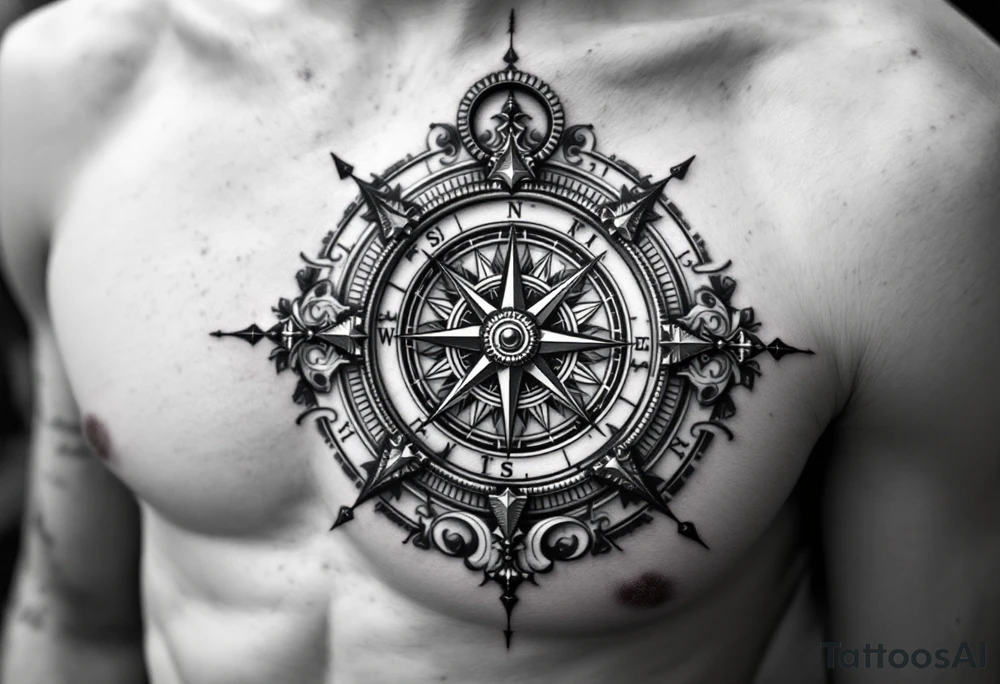 Roman stoic theme with sun dial compass tattoo idea