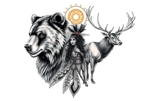 Indigenous, Majestic, and Powerful male Goliath Grizzly Bear and Elk. Both guarding an Indigenous, Majestic, and Powerful Raven haired Warrior Squaw surrounded by The Great Spirits in the sky tattoo idea