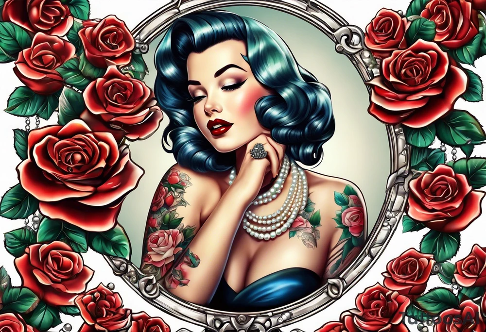 Pearl necklace wrapped around 1950s pinup pumps with roses surrounding tattoo idea