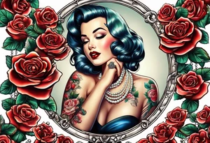 Pearl necklace wrapped around 1950s pinup pumps with roses surrounding tattoo idea