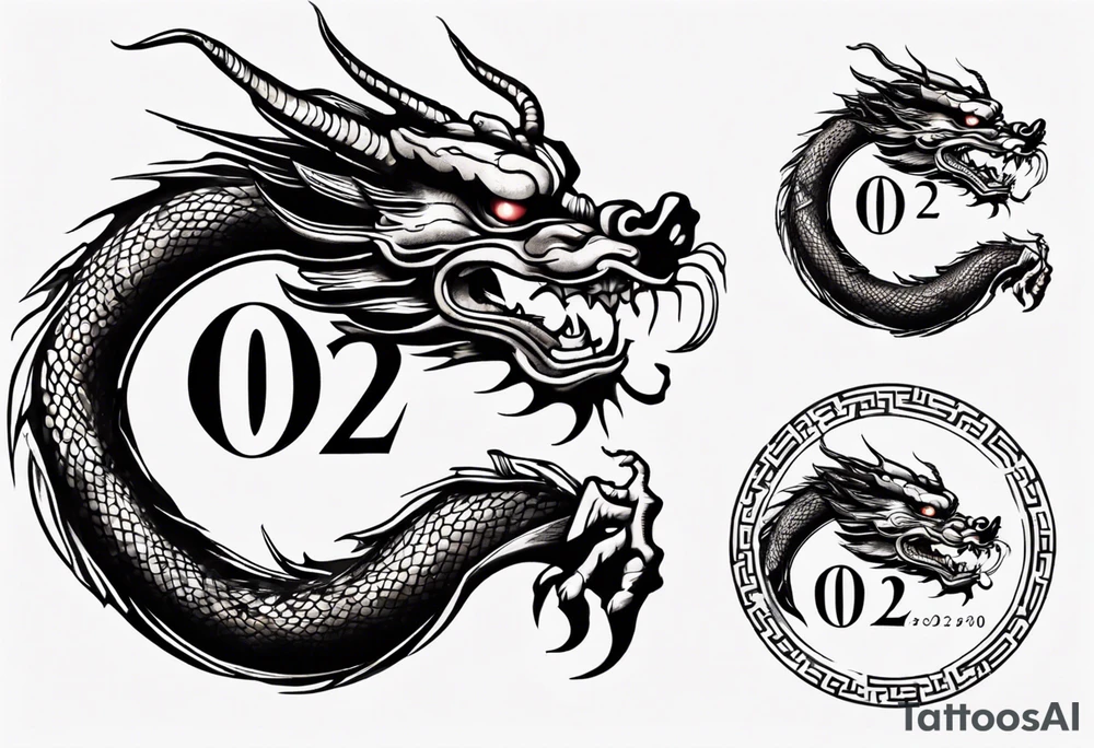 Chinese dragon in a circular shape with "02.03" written on its skin tattoo idea
