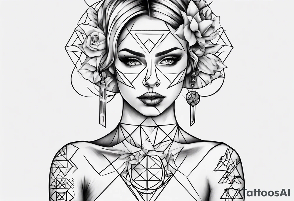 beautiful woman mixed with geometric objects tattoo idea