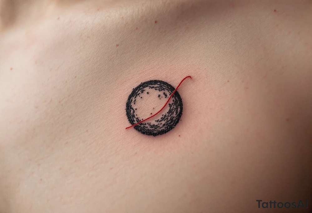 A faint gray circle with a red thread looping around its perimeter, symbolizing destiny. tattoo idea