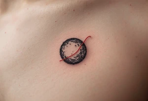 A faint gray circle with a red thread looping around its perimeter, symbolizing destiny. tattoo idea
