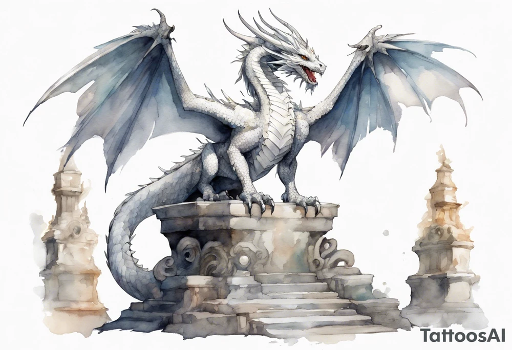 a white feathered dragon wearing a plain iron diadem, standing on a stone throne tattoo idea