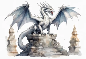 a white feathered dragon wearing a plain iron diadem, standing on a stone throne tattoo idea