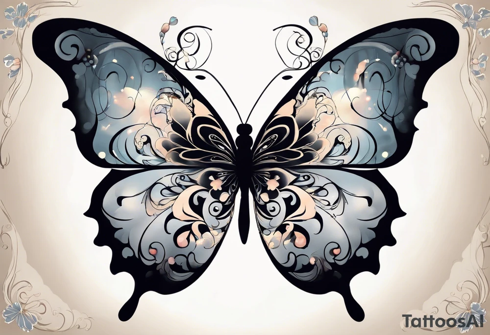 Butterfly with the middle of the butterfly is a japanese knot, fine line smoke/clouds sort of floating around and up, and lotus flower. My insipration is from a manga called xxHolic. I want the style to be flowy and loose and I'd like to incorporate the porcelain element that you're known for tattoo idea