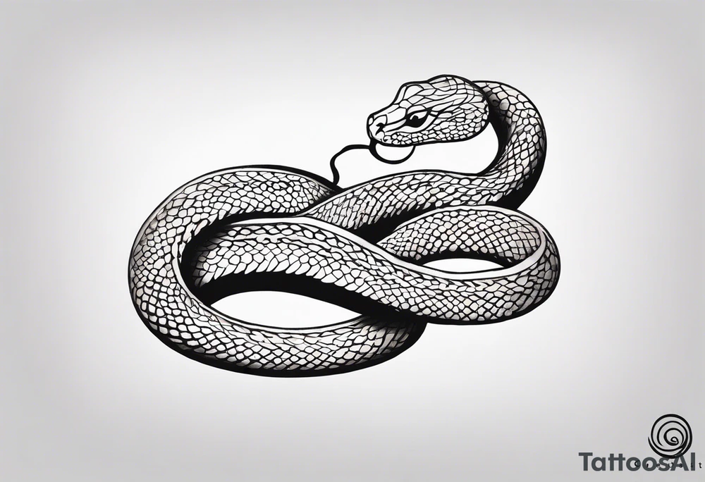 Create a detailed sketch of a snake tattoo. The design should feature a coiled snake with intricate scales and a dynamic, flowing pose. Emphasize the snake's head with a slightly menacing expression, its forked tongue flicking out. Include subtle shading to highlight the texture of the scales and give the design a sense of depth. The overall style should be clean and bold, suitable for a tattoo, with a focus on both artistic and anatomical accuracy. Consider incorporating elements like floral or geometric patterns in the background to complement the snake tattoo idea