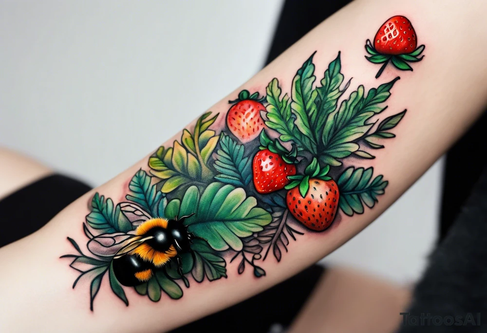 a delicate, minimalistic coloured realistic forest floor inspired tattoo, which must include: grass, ferns, small strawberries, a small flying bumblebee, dead leaves tattoo idea