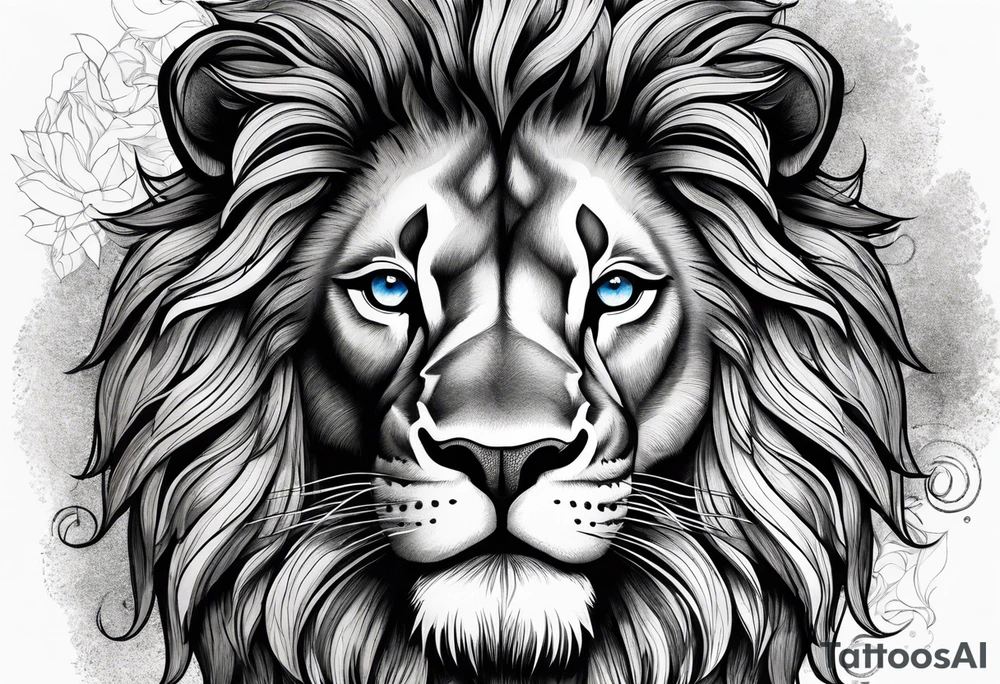 Lion roaring blue eyes black and white tattoo idea