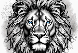 Lion roaring blue eyes black and white tattoo idea