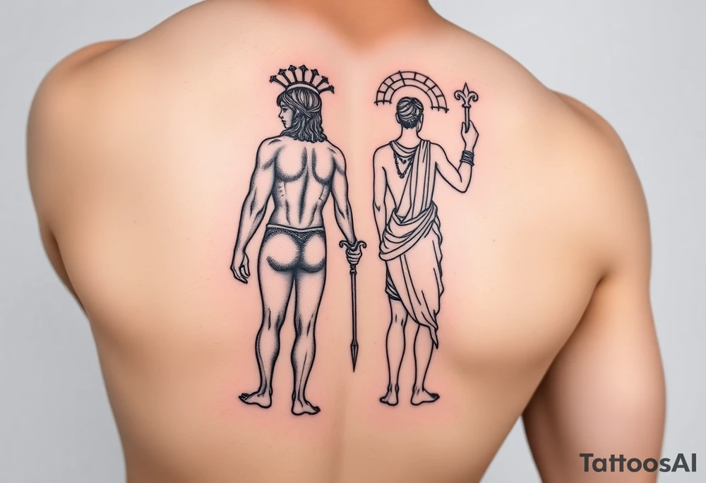 dionysos and apollo standing back on back tattoo idea