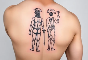 dionysos and apollo standing back on back tattoo idea