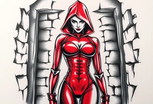 powerful female dominatrix wearing a red latex catsuit and full hood standing in a dungeon tattoo idea