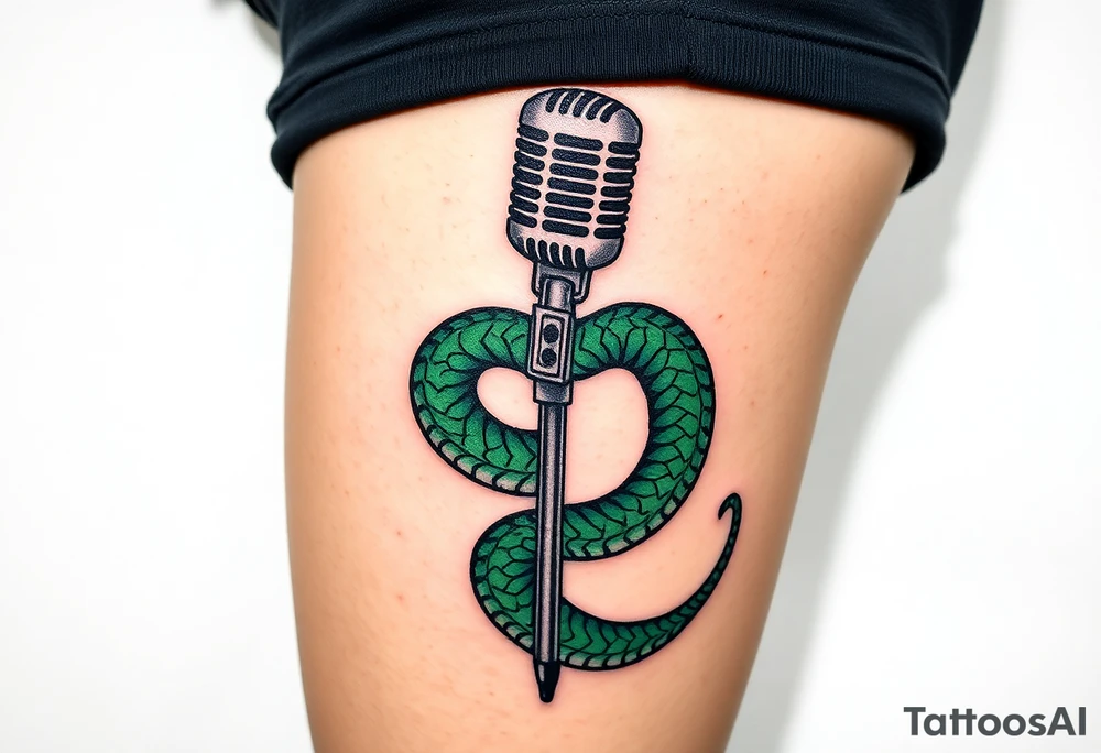 A serpent coiled around a microphone stand, with shades of green and black, representing temptation and rebellion tattoo idea