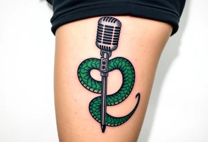 A serpent coiled around a microphone stand, with shades of green and black, representing temptation and rebellion tattoo idea