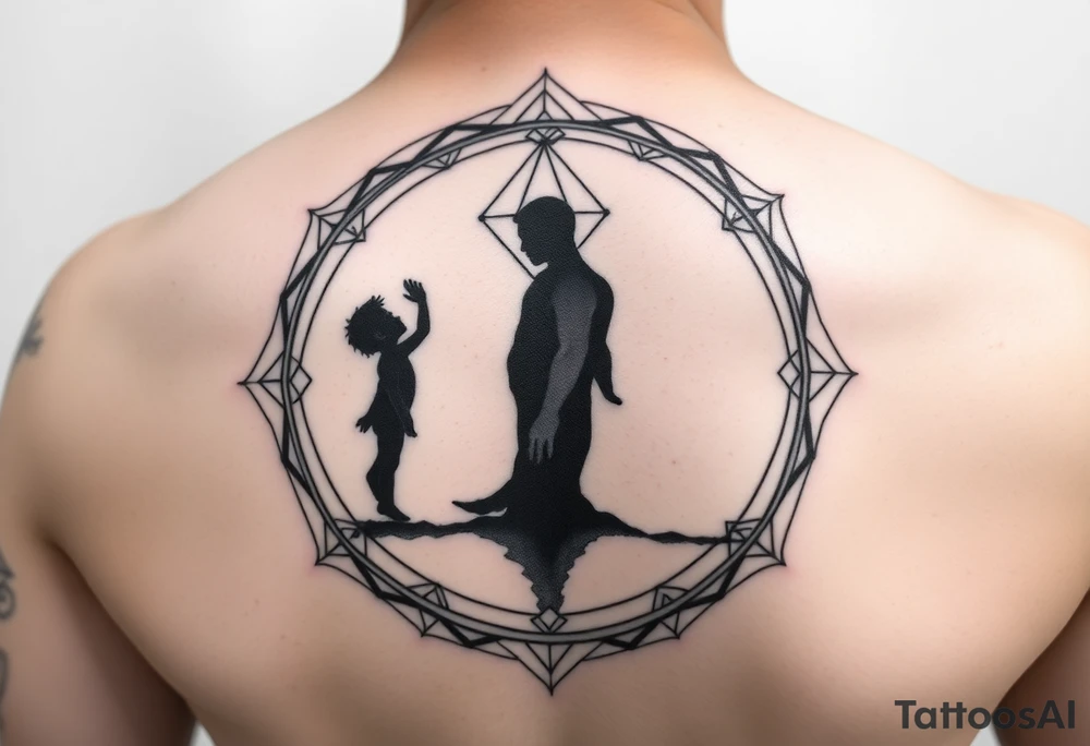 Geometric mirror portal tattoo, Art Deco frame mixed with sacred geometry, dual reflection showing silhouette of small child reaching upward on one side and strong adult figure on opposite side, abstract representation using shapes and shadows - child side has curved soft lines, adult side has sharp angular lines, dotwork and linework combination, black and grey, vertical design for upper arm tattoo idea