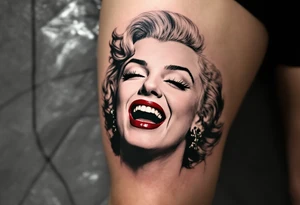 Monroe laughing, in black and grey, with her lips colored in deep crimson. tattoo idea